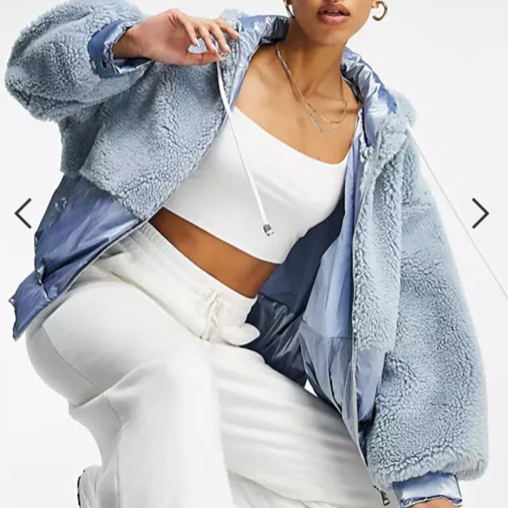 Jayley Mixed Teddy Hooded Faux Fur Sherpa Jacket Blue OS